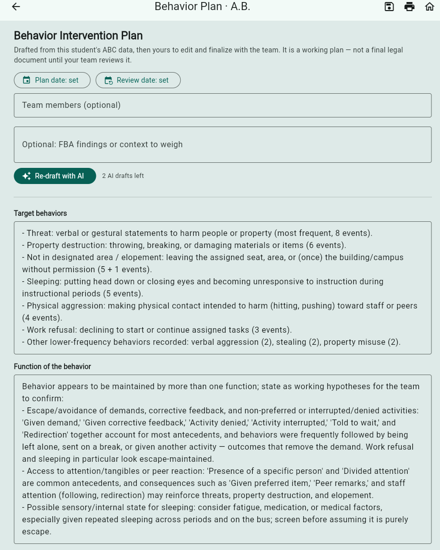 A drafted Behavior Intervention Plan generated from the logged data