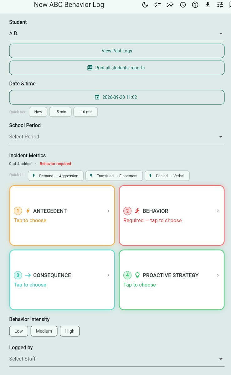 Logging a behavior incident with one-tap antecedent, behavior, and consequence presets