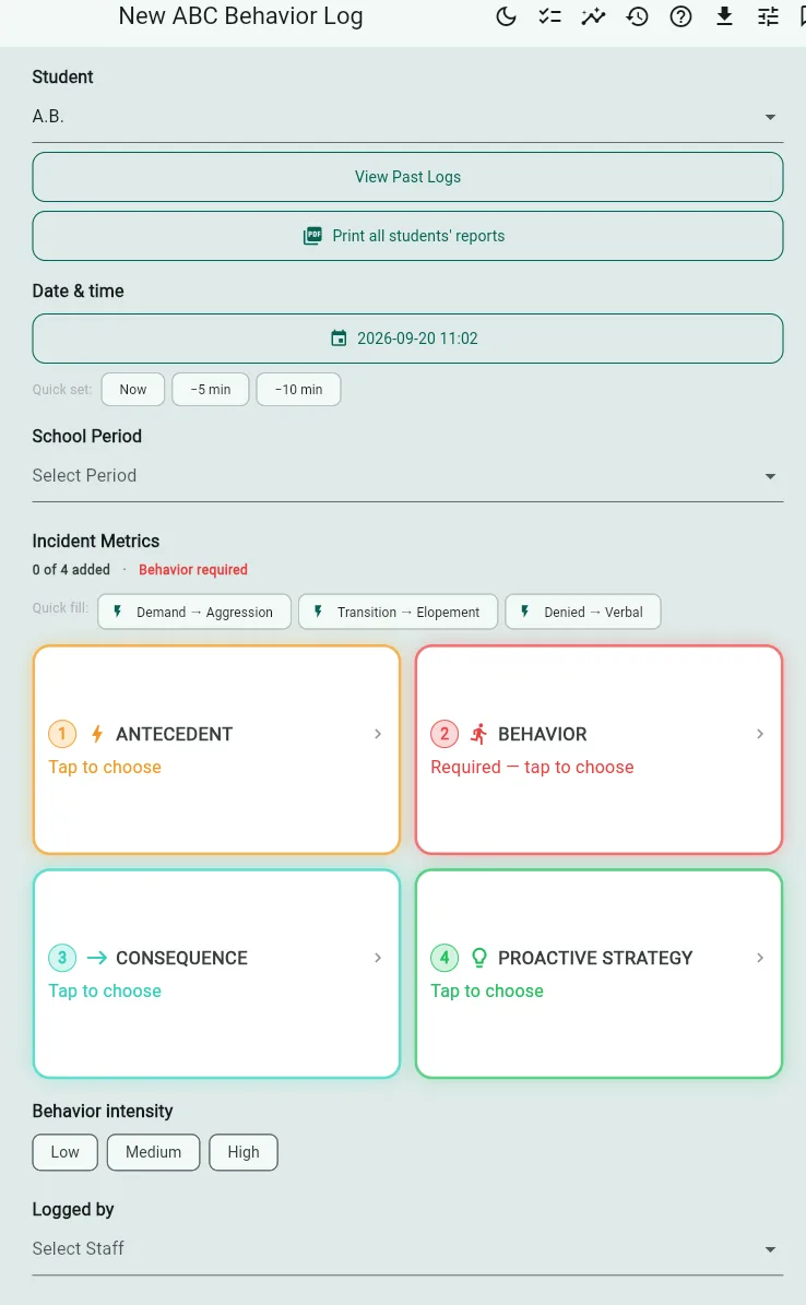 Logging a behavior incident with one-tap antecedent, behavior, and consequence presets